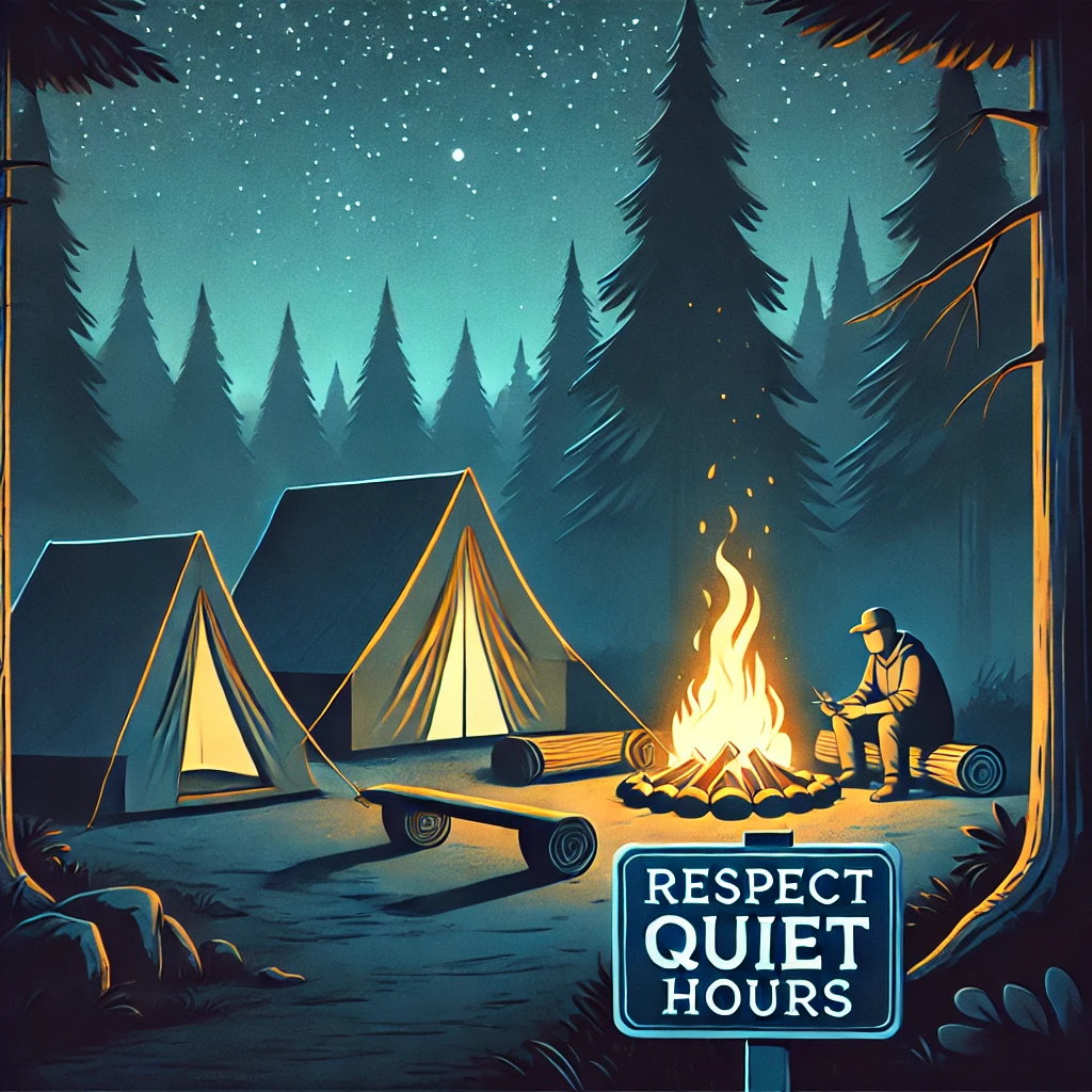 A quiet nighttime camping scene with a calm, serene atmosphere. A few tents are set up around a small campfire, and a sign nearby reads 'Respect Quiet Hours.' The campers are quietly enjoying the night, sitting peacefully by the fire, with the dark forest and starry sky creating a tranquil backdrop. No loud noises or distractions, just the soft crackling of the fire and the peaceful surroundings.