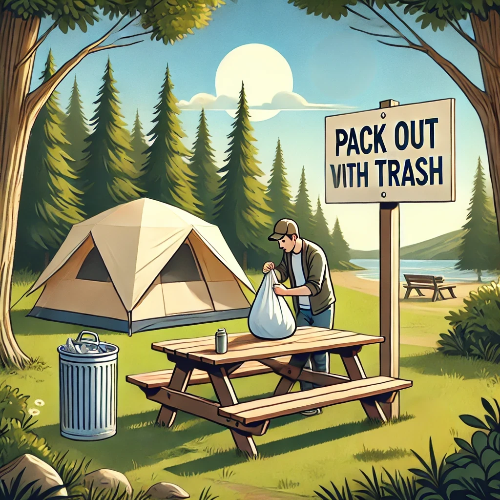 A clean campsite with a tent and picnic table, surrounded by nature. The scene highlights environmental responsibility, with no trash on the ground, and the area is left as clean as it was found. Trees and a clear blue sky frame the background, creating a serene outdoor setting.