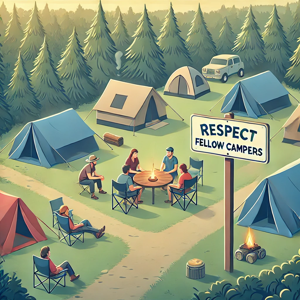 A peaceful camping scene where several tents are set up at a good distance from each other. Campers are quietly sitting around their own campsites, some walking along a designated path without cutting through others' spaces. A sign is posted that says 'Respect Fellow Campers.' The background shows a natural setting with trees and a forest, promoting a calm, respectful atmosphere.