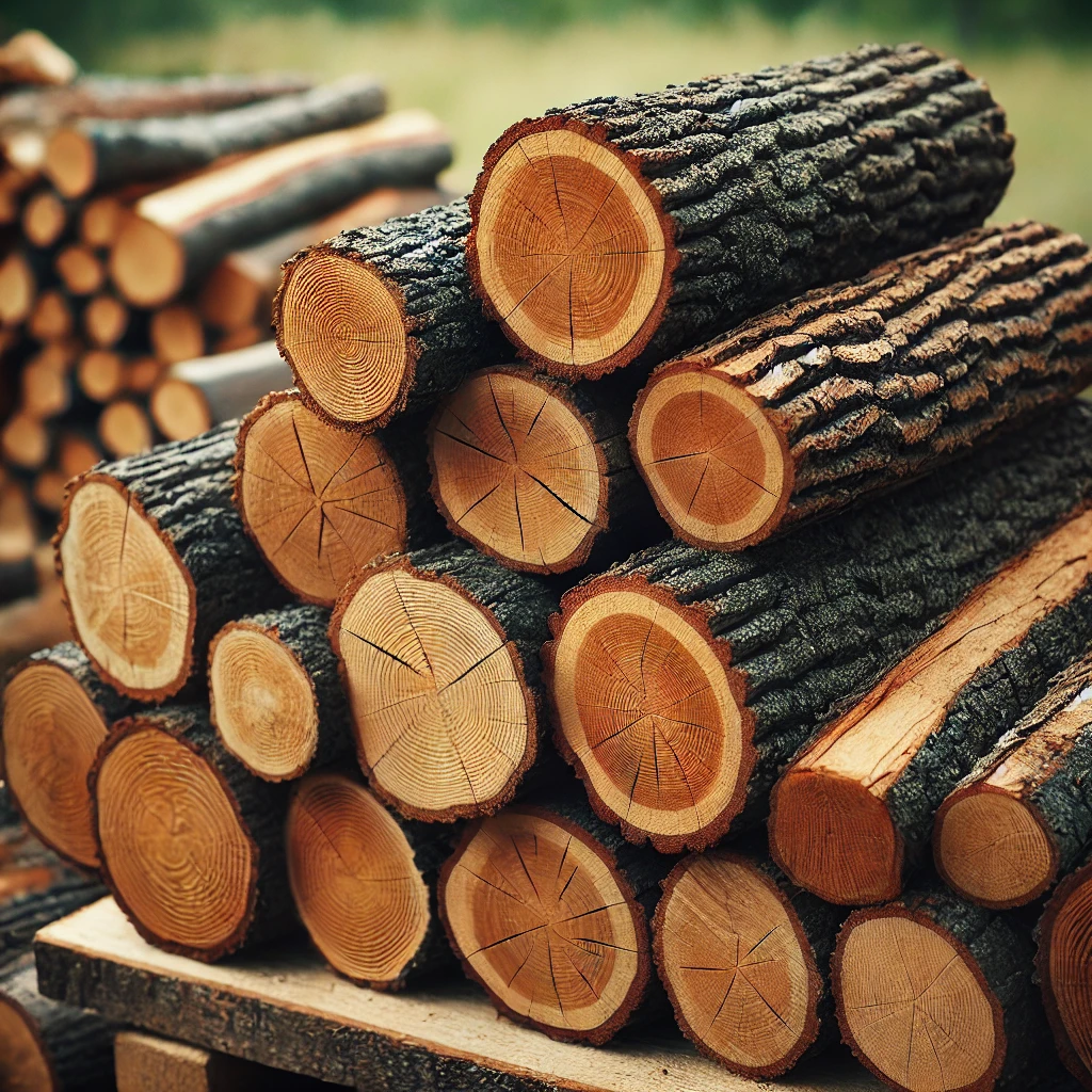 A stack of hardwood logs prepared for campfire use, featuring dense, medium-brown colored logs with visible bark. The logs are cut into equal lengths and arranged neatly, ready for burning. Some logs have rough, slightly cracked textures typical of oak or beech wood. The scene is set outdoors in a natural setting, with grass and trees faintly visible in the background, highlighting the rustic and earthy feel of the hardwood.