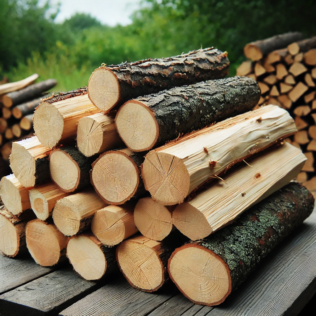 A stack of softwood logs, typically used for campfires, featuring light-colored wood with visible resin patches and smoother bark. The logs are thin, lighter in weight, and cut into shorter lengths, ideal for quick burning. Some logs show sticky resin areas, characteristic of pine or fir. The outdoor setting shows a natural environment with greenery in the background, emphasizing the quick-burning nature of softwood.