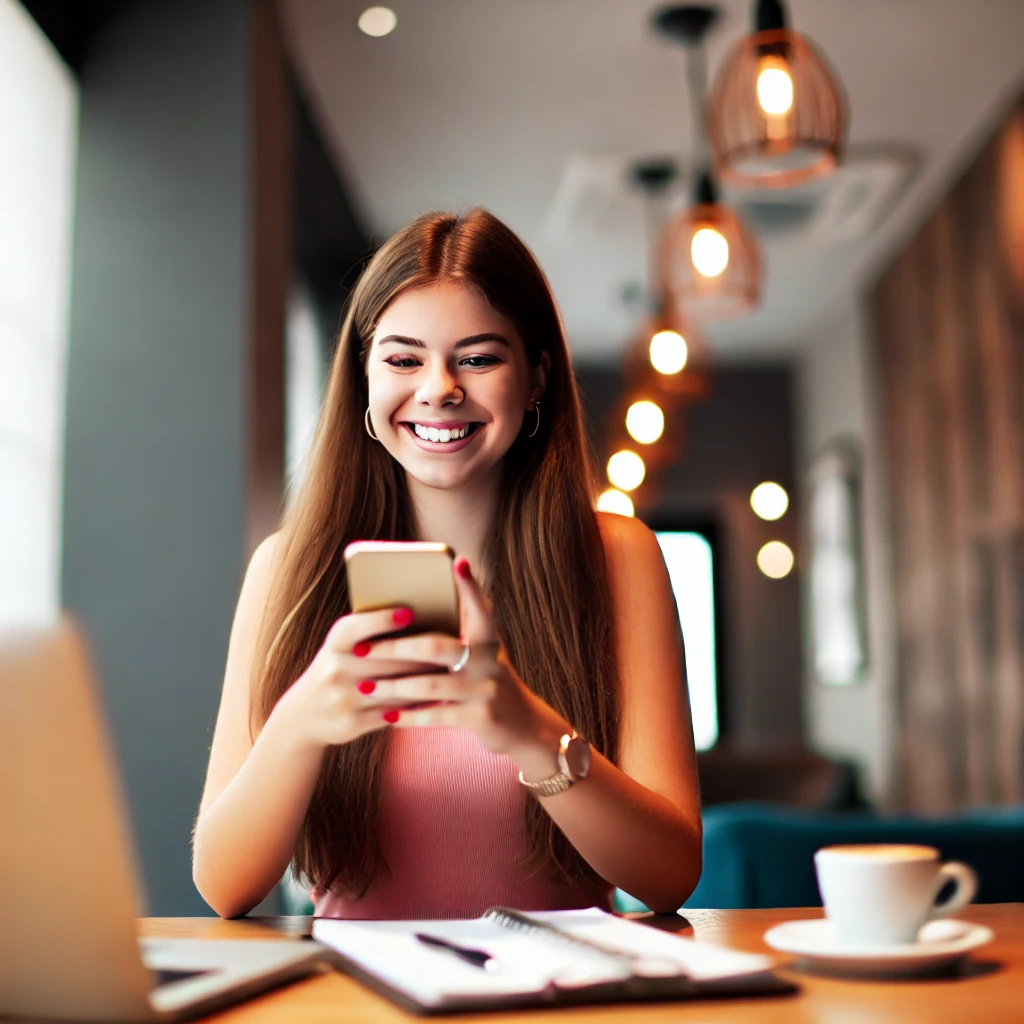 A young woman around 20 years old, sitting at a desk with a smartphone in one hand, typing with the other. She looks happy and focused while making a reservation. The room is modern and bright, with a laptop, notepad, and coffee cup on the desk. The atmosphere is productive and cheerful, and the lighting creates a warm and inviting mood.