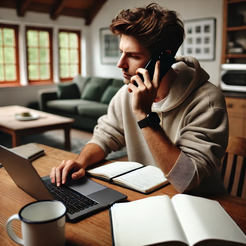 A person sitting at a table indoors without a phone. They have a relaxed and thoughtful expression, with a cup of coffee, notebook, and laptop on the table. The setting is inside a cozy home with soft lighting, creating a calm and comfortable atmosphere.