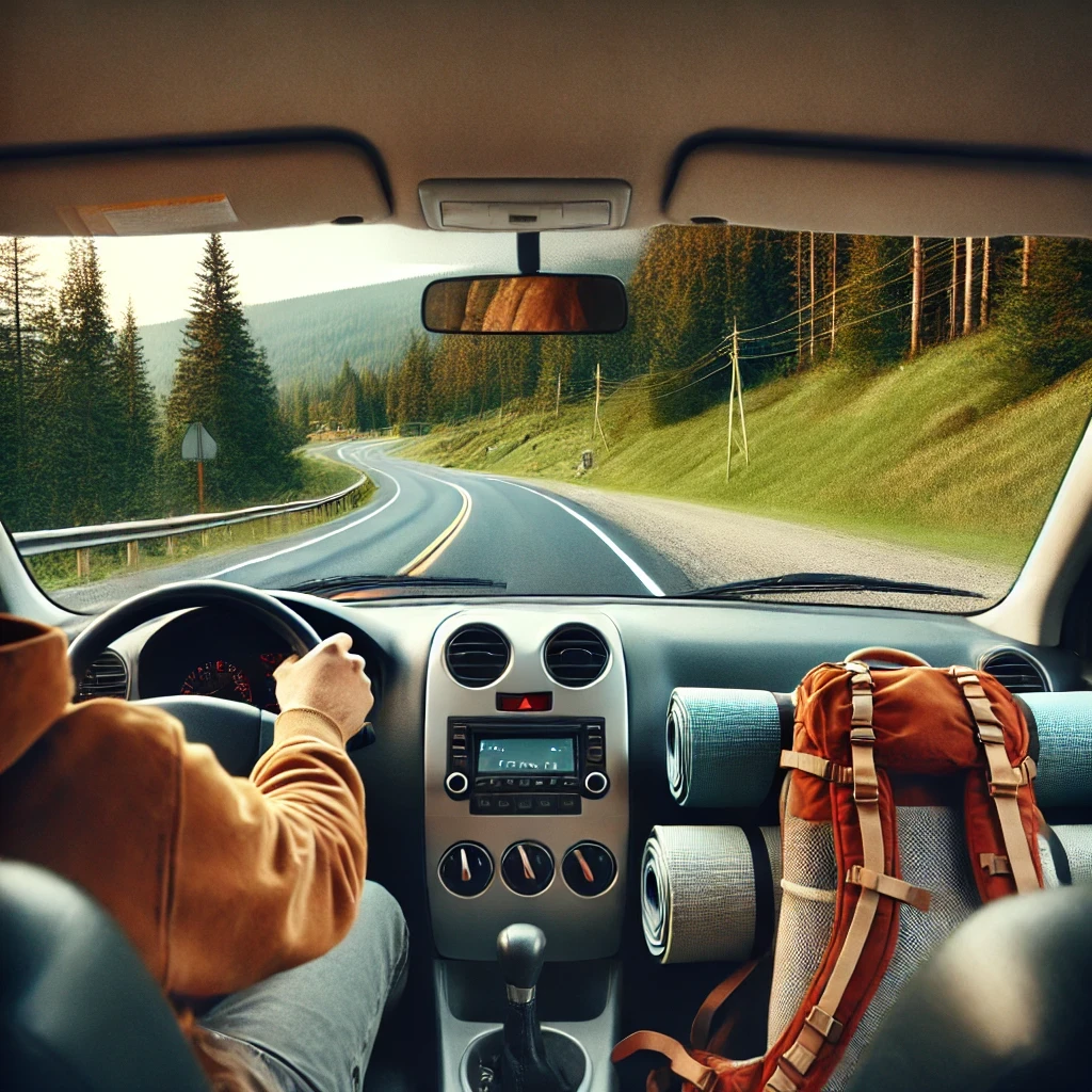 A person driving a car on a scenic road towards a camping destination, without camping gear visible in the backseat. The view ahead shows trees and mountains, creating a peaceful and natural atmosphere. The driver is focused and enjoying the drive, with a calm, adventurous mood.