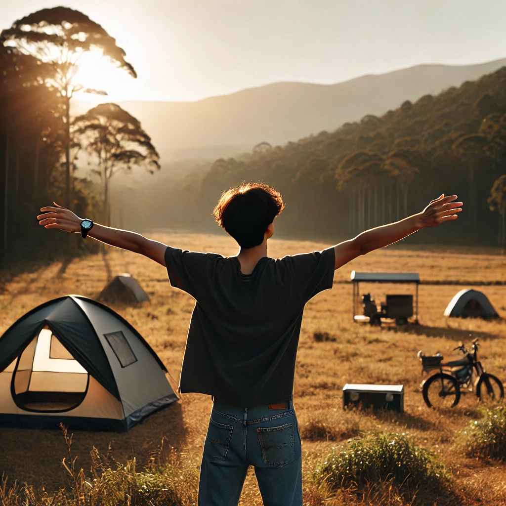 A person camping in a spacious open field, surrounded by nature. The person looks relaxed and free, stretching their arms wide while enjoying the vast space around them. In the background, there are a few tents set up, with trees and mountains far in the distance. The atmosphere is peaceful, with clear skies and warm sunlight, giving a sense of freedom and tranquility.