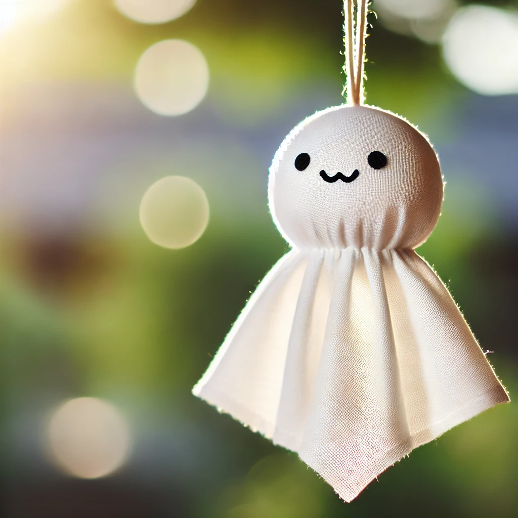 A traditional Japanese teru teru bozu, a handmade doll made from white cloth, hanging by a string. The doll has a round head with a simple smiling face drawn on it, and the cloth hangs loosely like a ghost. The background is a peaceful outdoor setting with soft sunlight and green trees, symbolizing hope for good weather.