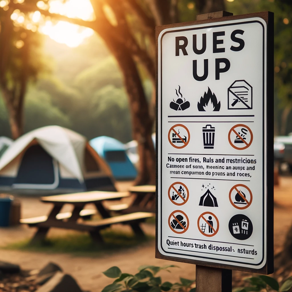 A campsite scene showing a clear signboard with rules and restrictions. The sign includes icons for no open fires, quiet hours, and trash disposal instructions. In the background, there are tents set up, trees, and picnic tables, creating a peaceful outdoor atmosphere. The sign is prominently placed to inform campers, and the mood is calm and organized.