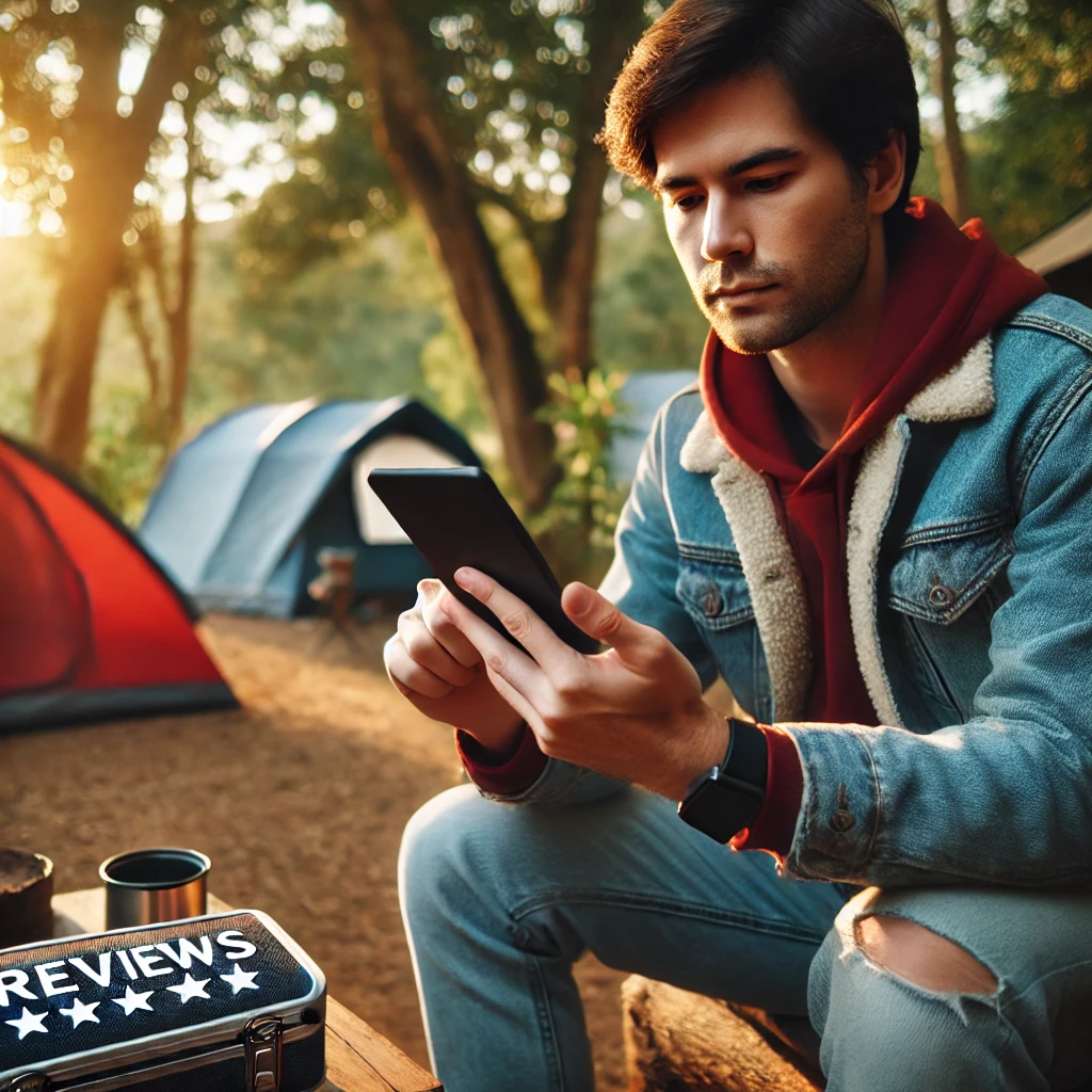 A person sitting outdoors at a campsite, reading reviews or testimonials on a smartphone or tablet. The campsite is peaceful, with tents in the background and trees surrounding the area. The person looks focused, using reviews to make decisions about camping activities or locations. The atmosphere is calm and relaxed, with the mood of careful consideration.