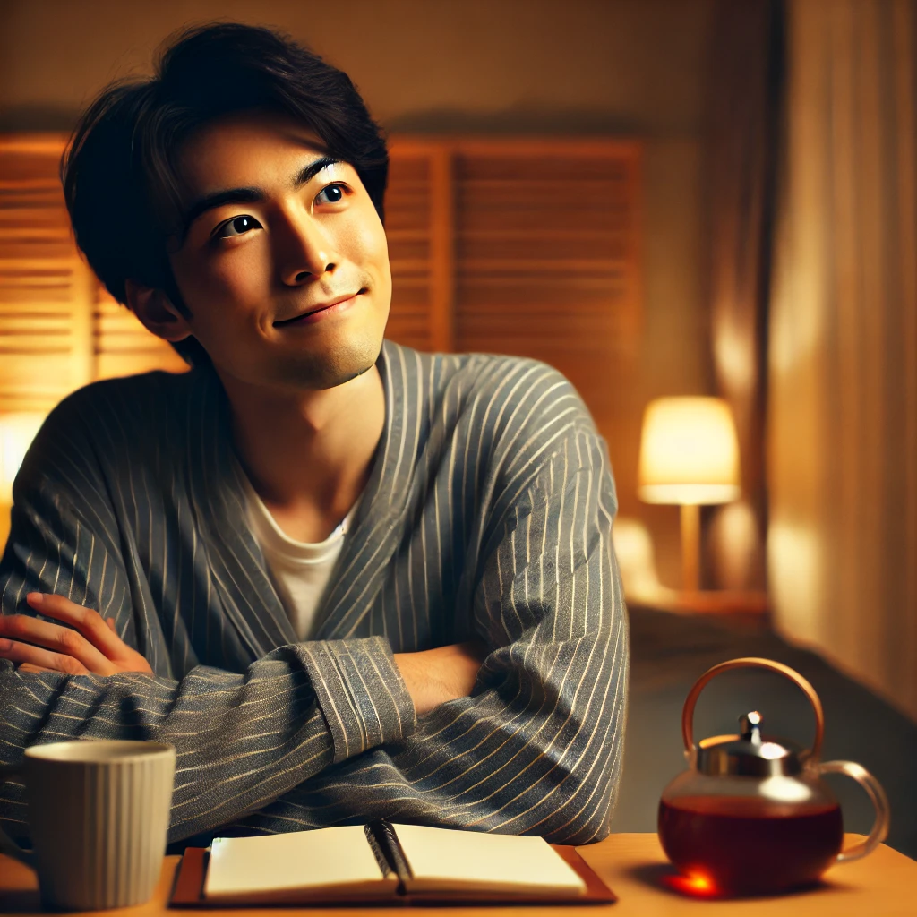 A person sitting alone with a thoughtful but slightly happy expression, as if reflecting on a pleasant memory. The room is cozy with soft, warm lighting. On the table in front of them are a cup of tea and a notebook, creating a relaxed and calm atmosphere. The person looks comfortable and at ease, suggesting they are enjoying a peaceful moment of contemplation.