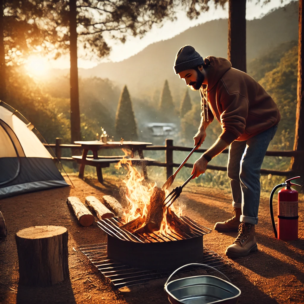 A camper safely handling a campfire at a campsite. The person is using long-handled tongs to adjust the firewood on a well-maintained fire pit with a stable fire. The scene includes safety precautions like a bucket of water nearby and a fire extinguisher placed on the ground. In the background, there is a tent, trees, and mountains, with a peaceful atmosphere in the late afternoon light.