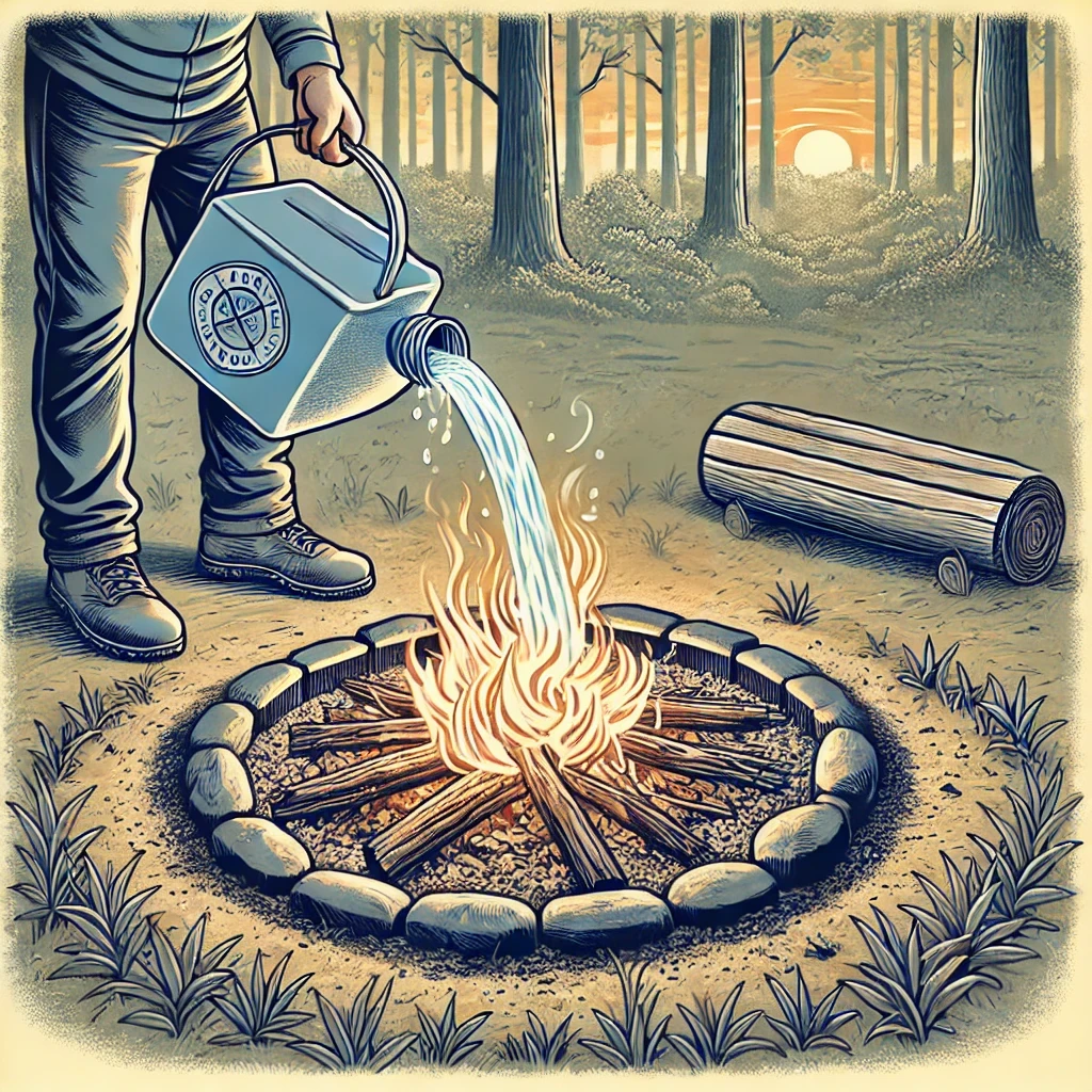 A detailed illustration of the final cleanup after a campfire, but with no water or tools visible. The fire pit is surrounded by clean, cleared ground, with no leaves or flammable debris. There are no remaining flames, embers, or signs of a campfire, leaving just a calm and peaceful natural scene in the forest. The emphasis is on the site being fully cleaned and returned to its natural state.