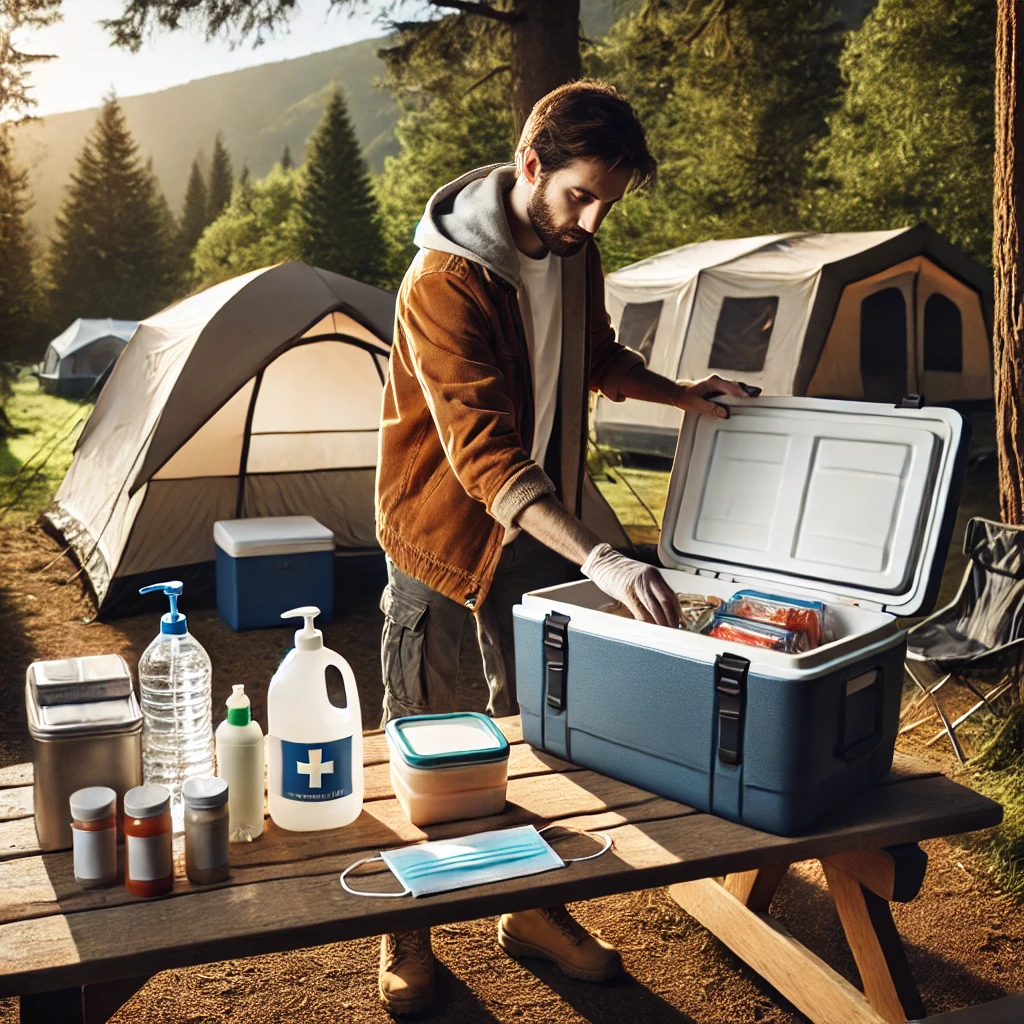 A camper carefully storing food at a campsite. The person is placing food items into a well-insulated cooler next to a camping table. On the table, there are sealed food containers and hygiene items like hand sanitizer and disinfecting wipes. The background shows a tent, trees, and mountains. The atmosphere is calm and organized, with early afternoon light. The setup highlights proper food storage and hygiene management at a campsite.