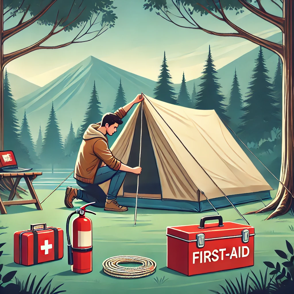 A camper setting up a safe campsite by securing a tent with stakes and ropes. The person is ensuring the tent is on stable ground, away from overhanging trees or water hazards. In the foreground, a fire extinguisher and a first-aid kit are placed near the camping gear. The background shows trees and mountains with a calm atmosphere, emphasizing the importance of safety precautions during camping.