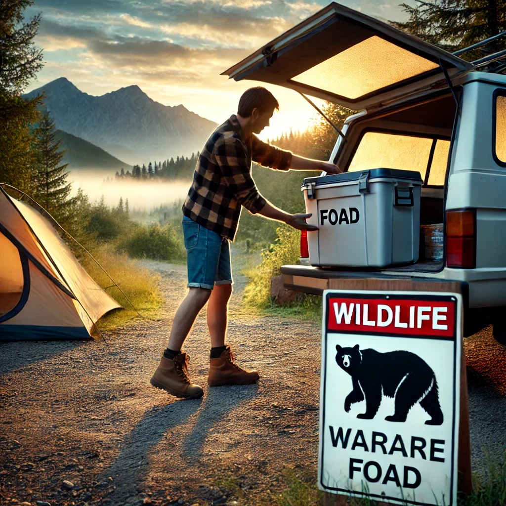 A calm campsite scene with a tent, trees, and distant mountains in the soft glow of early morning light. The image emphasizes wildlife precautions, but there is no person or vehicle in the scene. Only a wildlife warning sign and a tent remain, creating a peaceful, empty campsite focused on safety and nature.