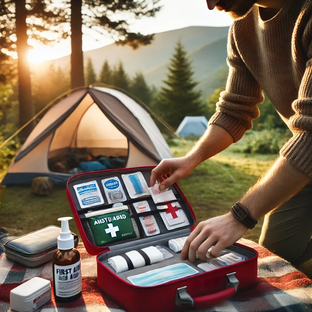 A camper preparing a first aid kit at a campsite. The person is organizing medical supplies such as bandages, antiseptic wipes, and a small bottle of pain reliever into a red first aid kit. In the background, there is a tent, trees, and mountains under soft morning light. The scene emphasizes the importance of being prepared for minor injuries while camping, with a calm and organized atmosphere.