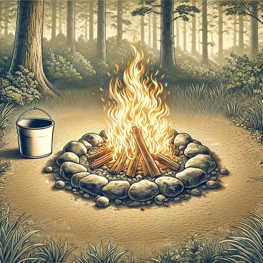 A peaceful and minimal campsite with no visible fire, smoke, or campfire setup. The ground is clear of all debris, including leaves and grass, with no stone ring or signs of a fire pit. The scene is set in a quiet forest with only natural elements like trees and the clear ground remaining. The emphasis is on the natural, undisturbed state of the campsite, with no visible tools, fire, or safety equipment.