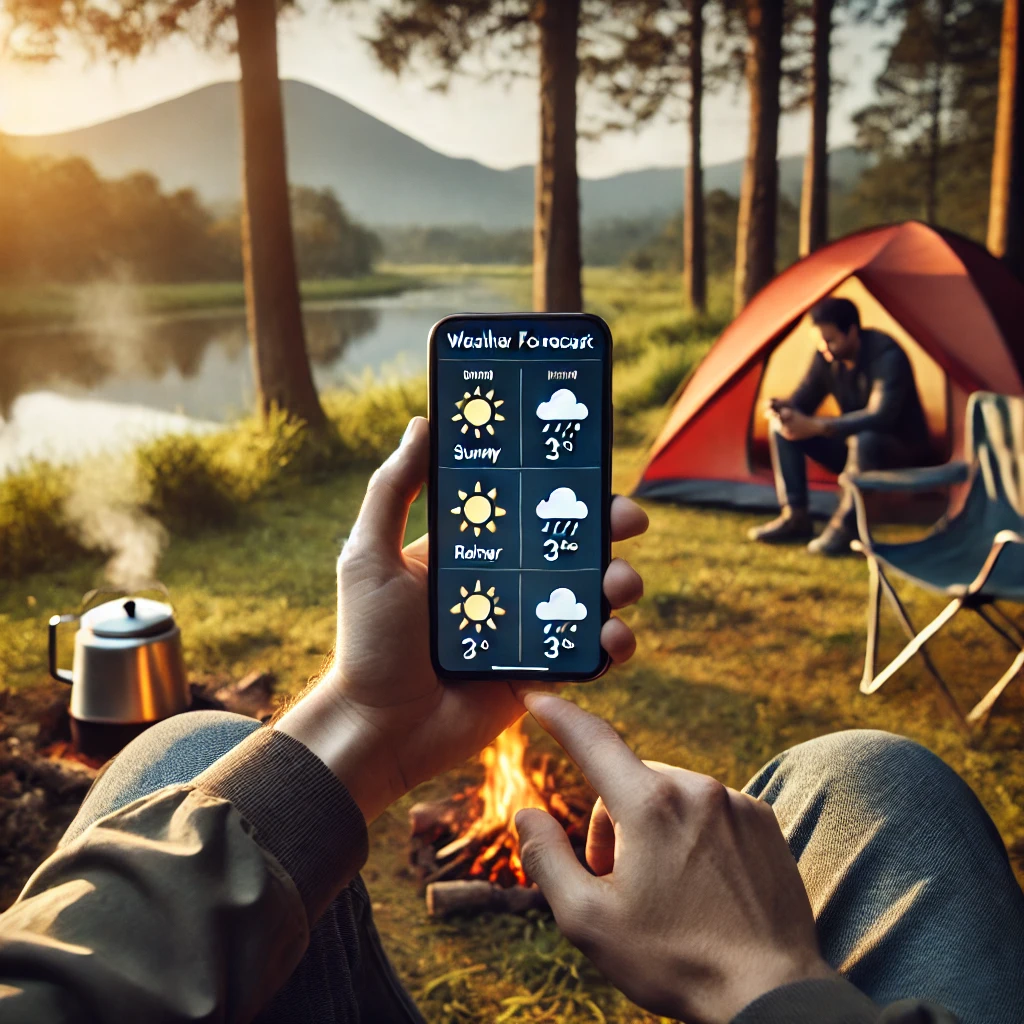 A person checking a weather forecast on their smartphone in an outdoor camping setting. The smartphone screen shows weather icons for sunny, rainy, and windy conditions. In the background, there is a camping tent, trees, and mountains. The scene is peaceful with early morning light, and the person is sitting on a folding camping chair next to a tent. Nearby, a small campfire with a kettle is simmering.